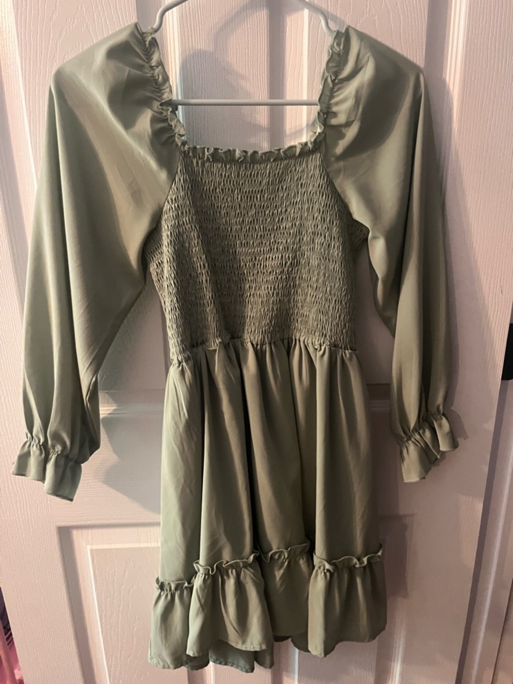 Girls' Sage Green Smocked Waist Long Sleeve Dress